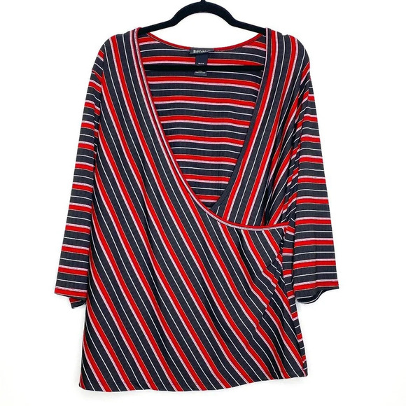 Lane Bryant 18/20 Faux Wrap Blouse Striped Black Red White 3/4 Sleeve Plus Size - Picture 1 of 8